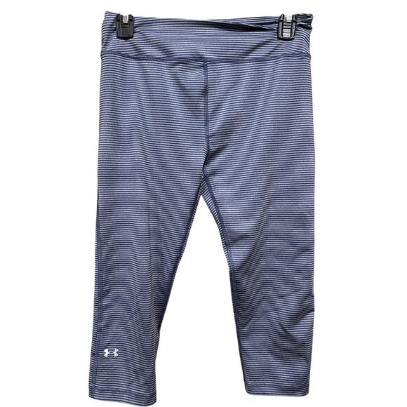 Under Armour Women Capri Leggings Size M Striped Blue HeatGear Compression - Picture 1 of 5